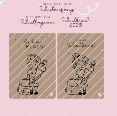 Illustration mit einem Kind, das zur Schule geht, und dem Text "Alles Gute zum Schulanfang".
